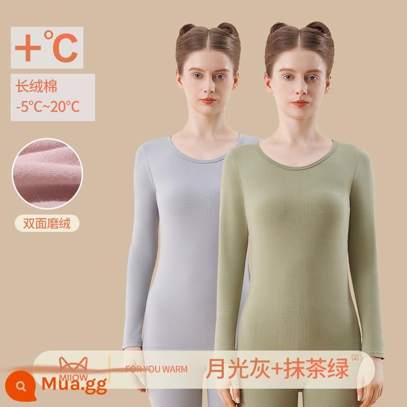 Quần áo sưởi ấm Catman Quần áo cotton nguyên chất mùa thu đông có đáy Áo sơ mi và quần len cotton Bộ quần áo mùa thu mỏng và quần vệ sinh - [Dưỡng ẩm kháng khuẩn + axit hyaluronic cấp 7A] Hai bộ màu xám ánh trăng + xanh Matcha