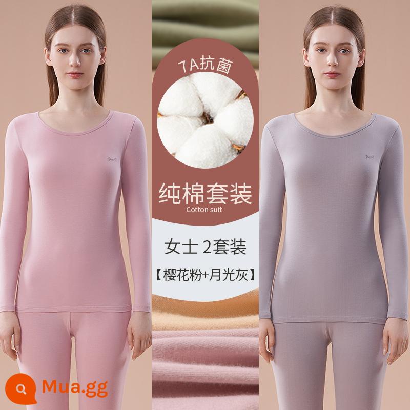 Catman Quần áo làm nóng bằng cotton nguyên chất Áo len cotton nữ có đáy bên trong Mặc quần áo mùa thu Bộ quần vệ sinh Phần mỏng kháng khuẩn mùa đông cho nữ - Phấn Hoa Anh Đào + Xám Ánh Trăng