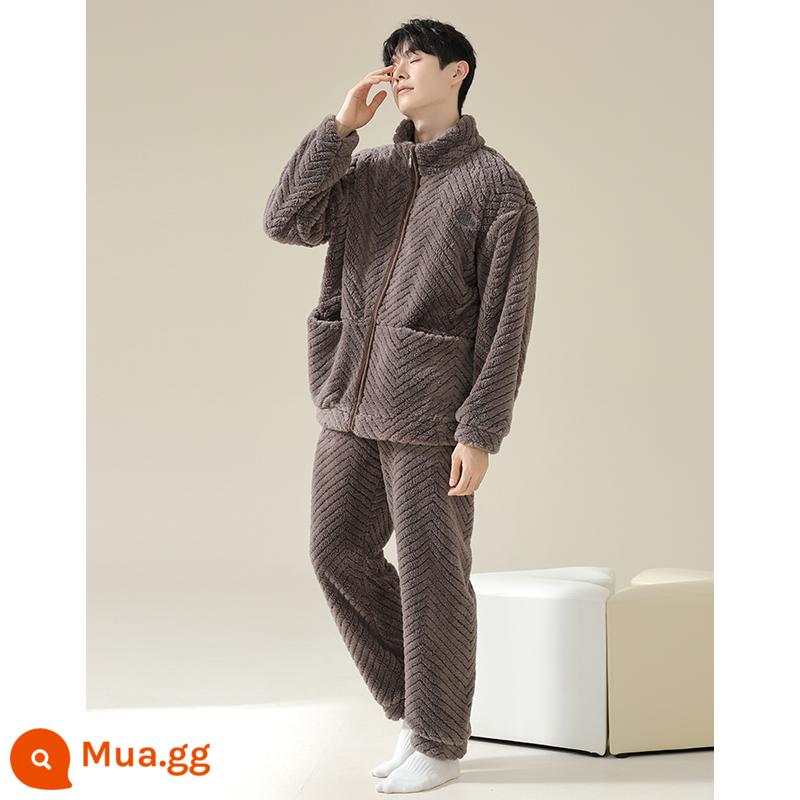 Pyjama pyjamas nam san hô mùa đông san hô dày Velvet ấm áp có thể mặc quần áo nhà sang trọng của nam giới dài - 235068W màu nâu sẫm [nhung san hô]