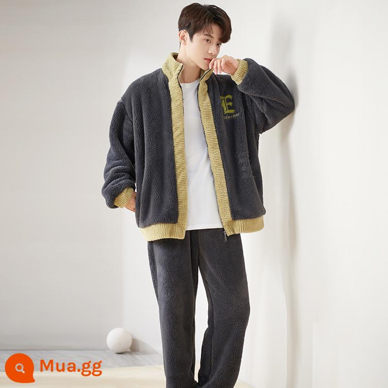 Pyjama pyjamas nam san hô mùa đông san hô dày Velvet ấm áp có thể mặc quần áo nhà sang trọng của nam giới dài - 239258W xám đen [nhung bông tuyết]