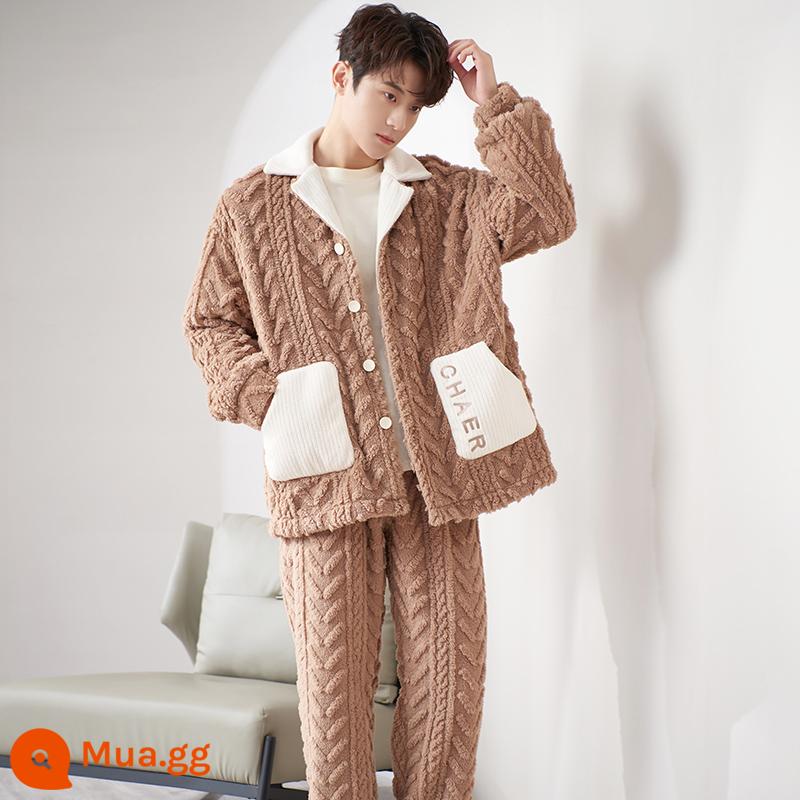 Pyjama pyjamas nam san hô mùa đông san hô dày Velvet ấm áp có thể mặc quần áo nhà sang trọng của nam giới dài - 239188W màu cà phê [nhung nhung]