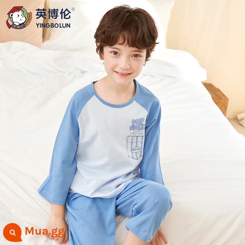 Inblen mùa hè 2023 bộ đồ ngủ mới cho bé trai bằng cotton nguyên chất mỏng cho trẻ em quần áo điều hòa không khí cho bé trai trung và lớn quần áo mặc ở nhà cho bé trai - 25222 màu xanh