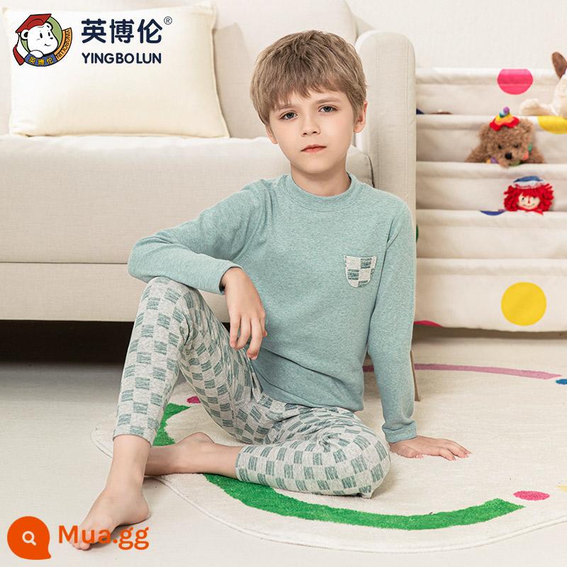 Bộ quần áo thu đông và quần vệ sinh bé trai Inbolun Bộ đồ lót cotton ấm áp nguyên chất cho bé Bộ đồ ngủ Bộ đồ ngủ cotton mùa thu đông cho bé từ trung cấp trở lên - 80721 cổ áo màu xanh lá cây kéo thành sợi