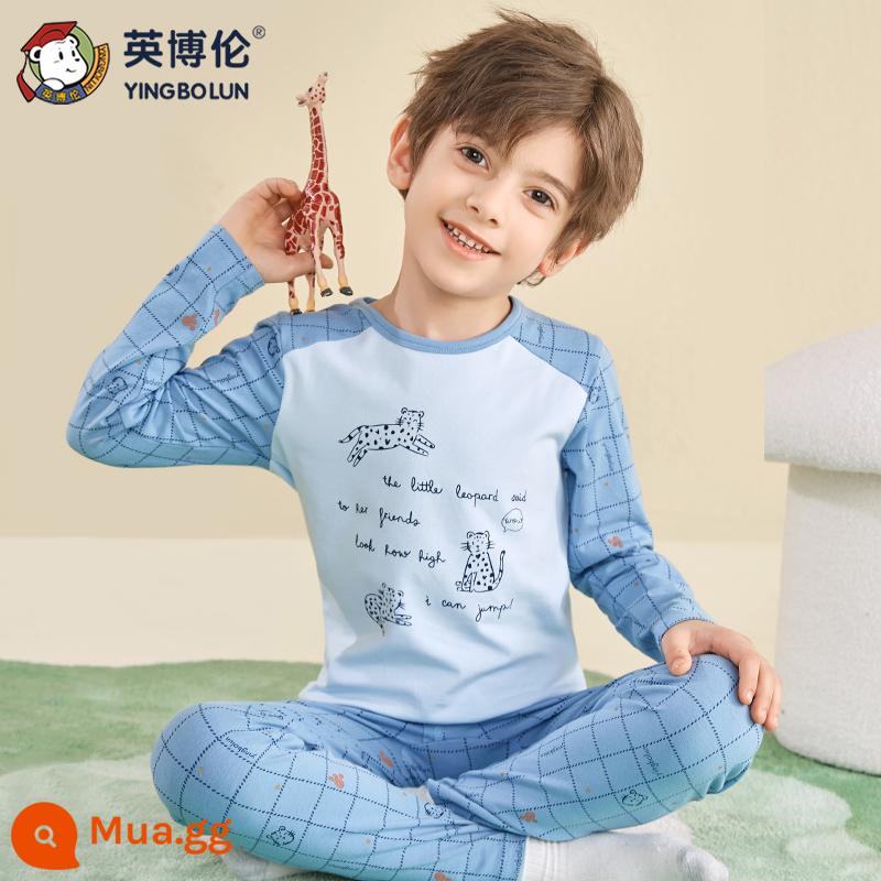 Bộ đồ lót trẻ em inblen cotton nguyên chất quần áo thu đông bé trai quần vệ sinh cotton bé trai đồ ngủ lớn áo len cotton trẻ em - 85277 xanh xám