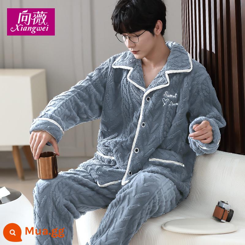 Mùa thu và mùa đông Đàn ông Pyjamas Coral Velvet dày mặt bích hình Lông có kích thước lớn có thể mặc bộ quần áo nhà - KS814 chữ thêu ngực màu xanh và xám dành cho nam