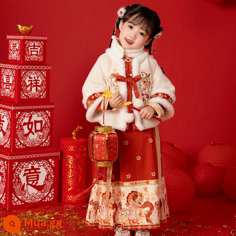 Quần áo mùa đông bé gái Hanfu cho bé phong cách Trung Hoa Bộ đồ nhà Minh bé gái trang phục cổ xưa váy dài trẻ em cải tiến bộ đồ Đường bộ đồ chào đón năm mới - Suit + khăn quàng cổ cùng màu