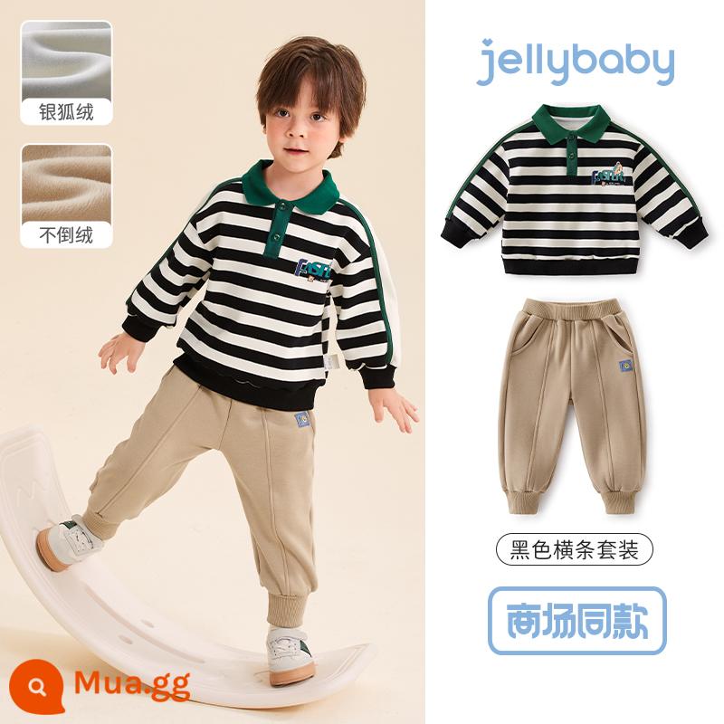 Jellybee 2023 new baby mùa xuân sọc trẻ em quần áo thể thao mùa xuân và mùa thu cậu bé bộ đồ mát mẻ và đẹp trai - Dải ngang màu đen-JTB35100 [kiểu nhung]