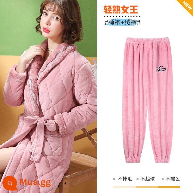 Mùa thu và mùa đông ba -layer cotton cotton pyjama phụ nữ san hô san hô dày nhung phiên bản dài của bộ đồ ngủ mũ trùm đầu mặc bộ quần áo nhà - Nữ hoàng ánh sáng trưởng thành [kiểu váy ngủ + quần nhung]