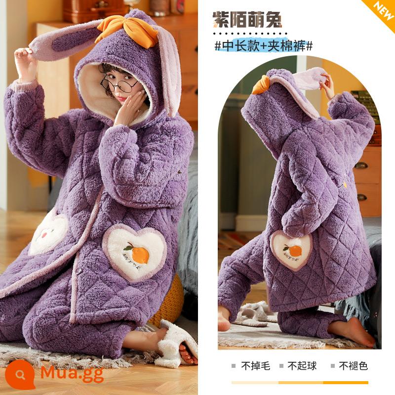 Mùa thu và mùa đông ba -layer cotton cotton pyjama phụ nữ san hô san hô dày nhung phiên bản dài của bộ đồ ngủ mũ trùm đầu mặc bộ quần áo nhà - Thỏ Zimo dễ thương [Phiên bản dài vừa phải + quần chần bông]