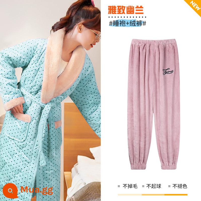 Nỉ san hô váy ngủ nữ mùa thu đông 2022 nhung mới cotton dày Bộ đồ ngủ trung dài flannel dịch vụ tại nhà - Phong lan thanh lịch [kiểu váy ngủ + quần nhung]