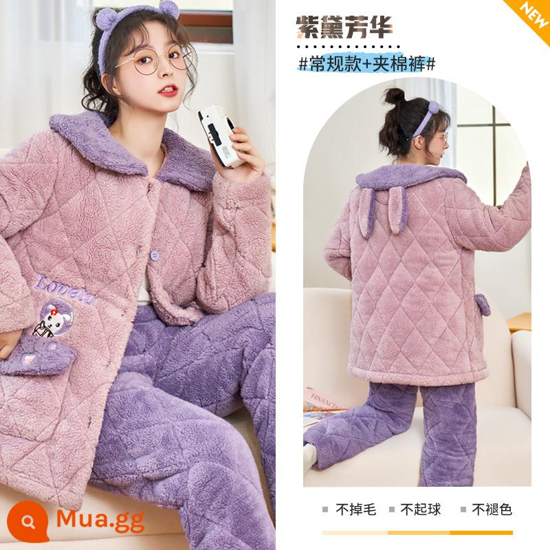 Nỉ san hô váy ngủ nữ mùa thu đông 2022 nhung mới cotton dày Bộ đồ ngủ trung dài flannel dịch vụ tại nhà - Zidai Fanghua [kiểu dáng thông thường + quần chần bông]