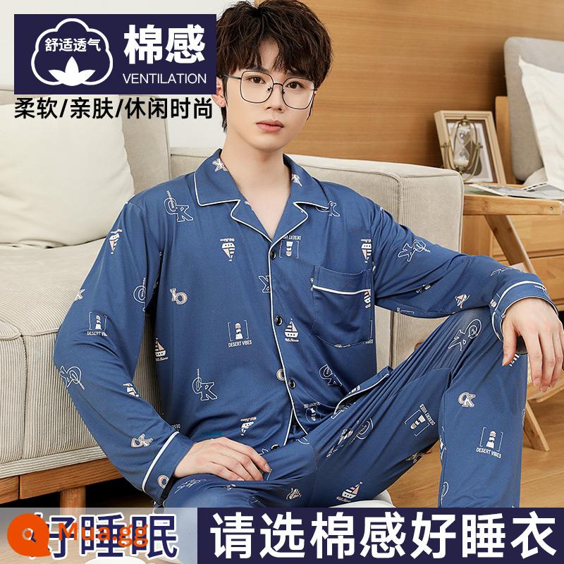 Nanjiren Bộ Đồ Ngủ Nam Nam Xuân Thu Cotton Dài Tay Homewear Nam Thu Đông Bộ Đồ Mỏng - [Phong cách bông] Yishui Lanfan