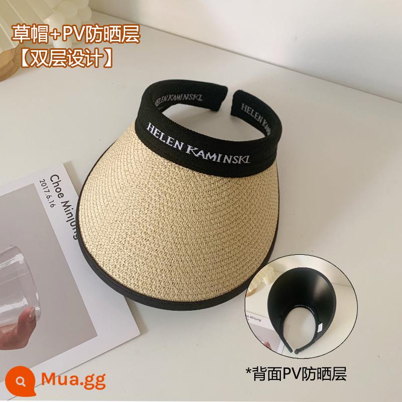 Đầu Trống UV Hat Nữ Mùa Hè Chống Tia UV Lớn Vành Đi Biển Che Nắng Mũ Rơm Đi Xe Đạp Mặt Nón Che Nắng - Vải đen màu be (chống nắng 2 lớp)