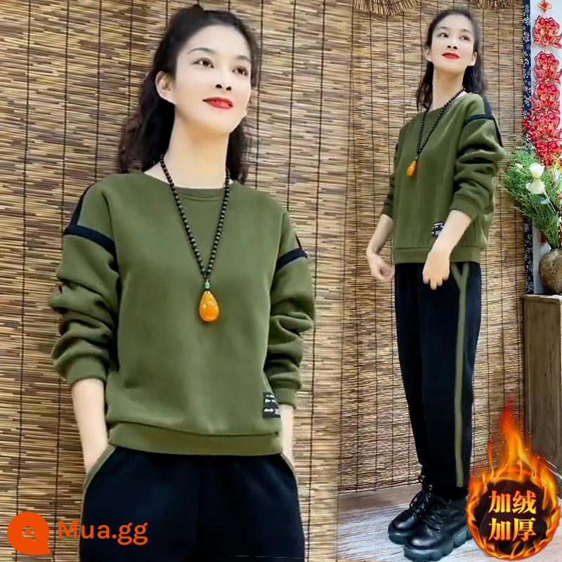 Bộ đồ thể thao thông thường có hàm lượng cotton cao cho nữ mùa xuân thu 2023 mới áo rộng quần hậu cung phong cách phương Tây Bộ hai món - Màu xanh dưa chua [cộng với nhung và dày]