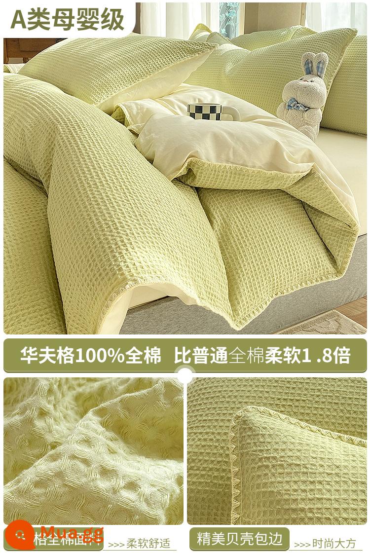 Giường bông Waffle 4 món 100 cotton chăn ga trải giường ký túc xá sinh viên khỏa thân ngủ chăn ga gối 3 món 4 - Vỏ nâng cấp viền trái cây xanh [100% cotton, thích hợp khi ngủ khỏa thân]