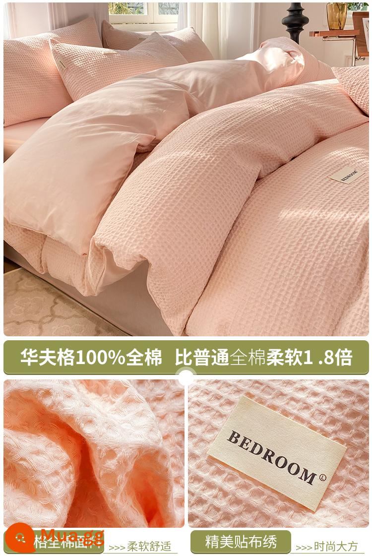 Giường bông Waffle 4 món 100 cotton chăn ga trải giường ký túc xá sinh viên khỏa thân ngủ chăn ga gối 3 món 4 - Bột ngọc dịu nhẹ [100% cotton, thích hợp để ngủ khỏa thân]