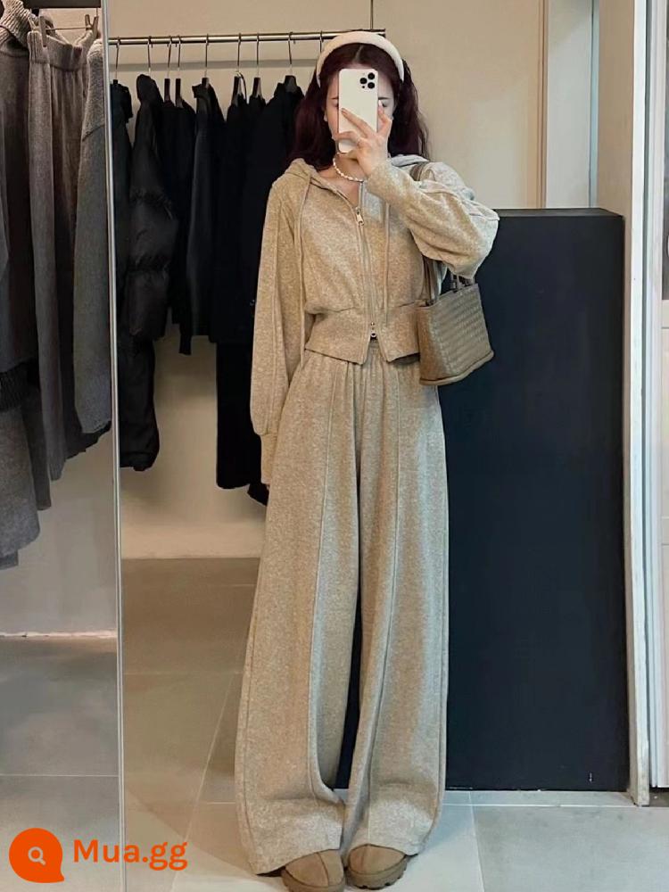 Bộ đồ cashmere thể thao đơn giản lười biếng cho nữ mùa xuân thu đông phiên bản Hàn Quốc áo hoodie cao cấp quần ống rộng set đồ hai dây - Khaki