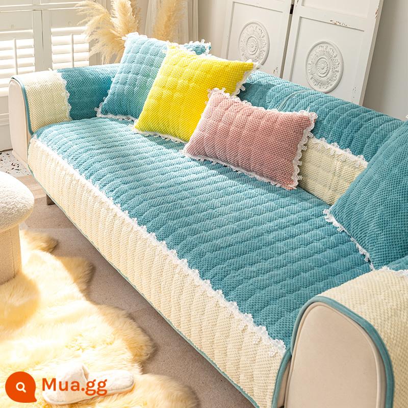 Sofa Vải Đệm Bốn Mùa Đa Năng Chống Trơn Trượt Bắc Âu Đơn Giản Dày Đệm Mùa Đông Sang Trọng Vỏ Bảo Vệ Khăn - Lời ngọt ngào - màu xanh