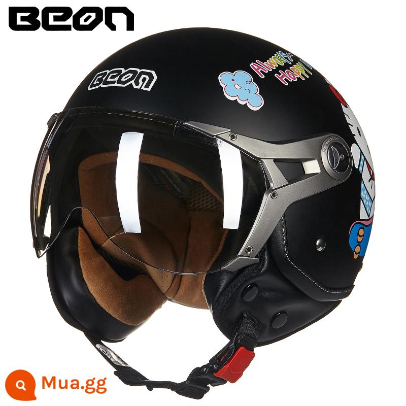 BEON cá tính thoáng mát xe máy Harley mũ bảo hiểm nửa mùa đông bốn mùa phổ thông nam nữ xe điện đầu máy chứng nhận 3C - Mèo con đen trắng châu Á