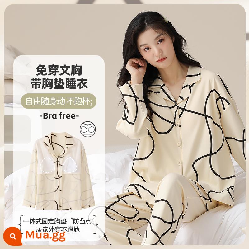 Bộ đồ ngủ cho nữ phong cách mùa hè cotton dài tay có miếng đệm ngực có thể mặc bên ngoài quần áo ở nhà bộ đồ cỡ lớn thông thường dành cho nữ mùa xuân thu - 412201