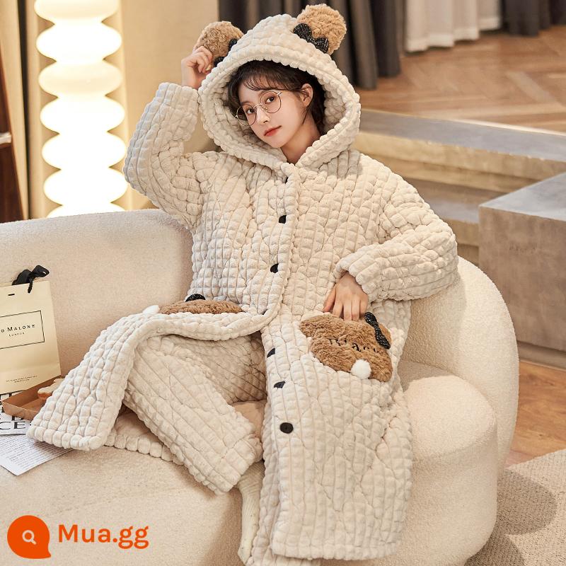 Coral Velvet Ngủ Áo Áo Autumn and Winter 2022 MỚI cộng với bộ đồ ngủ dày nhung nhung - 52110[Có quần chần bông]