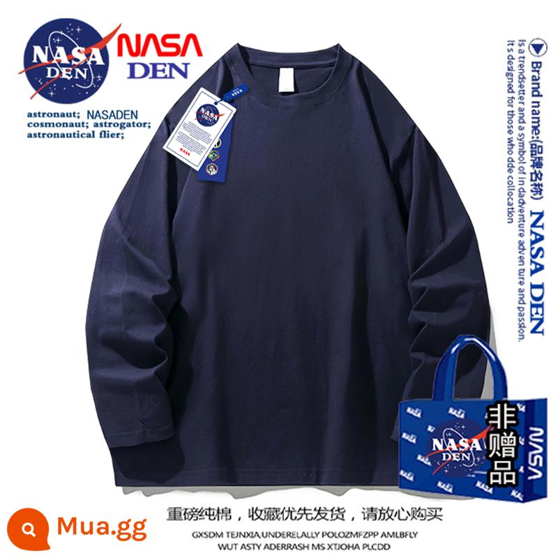 Áo thun nam dài tay hạng nặng của NASA mùa thu cotton nguyên chất cổ tròn dày cotton T rộng màu trơn đa năng áo sơ mi đáy quần dành cho nam - xanh hải quân