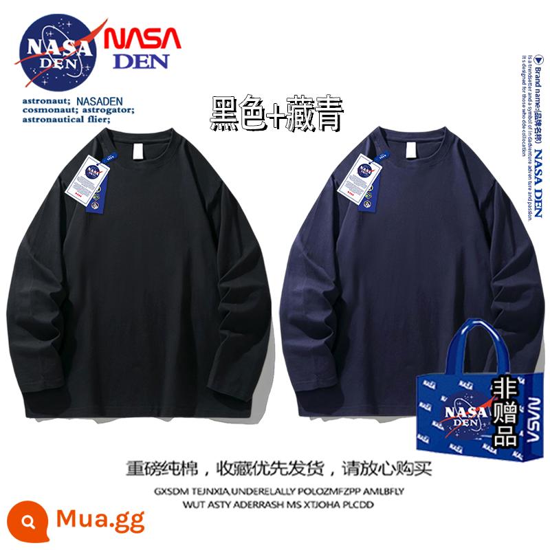 Áo thun nam dài tay hạng nặng của NASA mùa thu cotton nguyên chất cổ tròn dày cotton T rộng màu trơn đa năng áo sơ mi đáy quần dành cho nam - đen + xanh nước biển