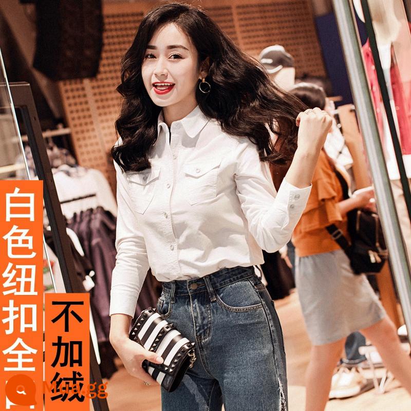 Áo sơ mi denim nữ phong cách thu đông dài tay cộng với nhung dày phong cách Hàn Quốc ôm sát thời trang áo sơ mi nữ thiết kế cảm giác thích hợp - Kiểu nút trắng - toàn màu trắng