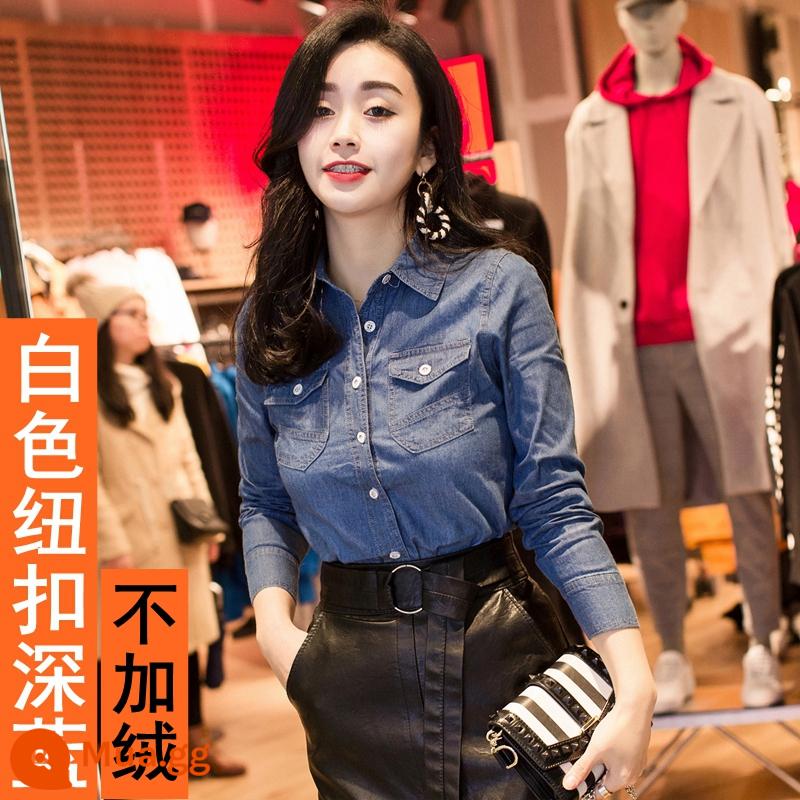 Áo sơ mi denim nữ phong cách thu đông dài tay cộng với nhung dày phong cách Hàn Quốc ôm sát thời trang áo sơ mi nữ thiết kế cảm giác thích hợp - Kiểu nút trắng - xanh đậm