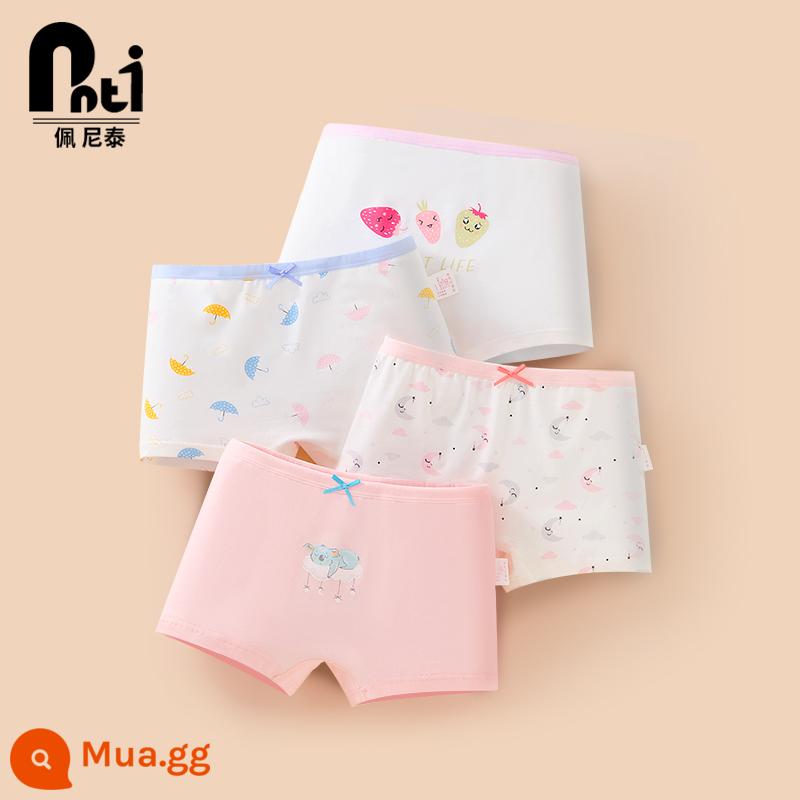 Quần lót trẻ em Penithai cotton nữ quần lót bé gái boxer tam giác quần đùi bé gái bé lớn không kẹp pp - Dâu tây trái cây GD210211 (hộp vuông 4 cái)