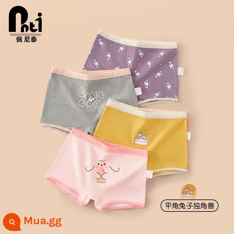 Quần lót trẻ em Penithai cotton nữ quần lót bé gái boxer tam giác quần đùi bé gái bé lớn không kẹp pp - Rabbit Unicorn 2023 (Góc phẳng 4 gói)