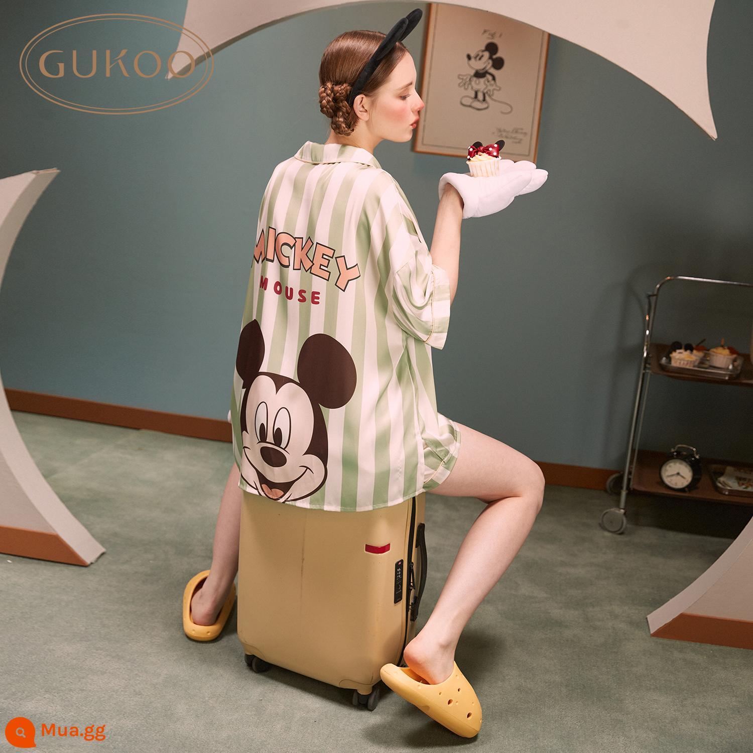 Gukoo/Nutshell Bộ Đồ Ngủ Cặp Đôi Disney Mùa Hè Băng Lụa Nữ Homewear Cổ Áo Sơ Mi Bộ Đồ Ngủ Nam B - Mẫu phụ nữ xanh