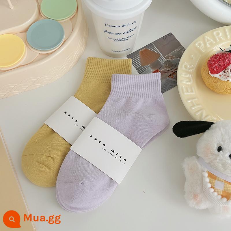 Vớ ống ngắn màu trơn mùa hè dành cho nữ cotton nguyên chất phần mỏng Sinh viên Nhật Bản thể thao màu vớ ngắn thể thao mùa xuân và mùa thu vớ ống giữa - hoa oải hương màu vàng