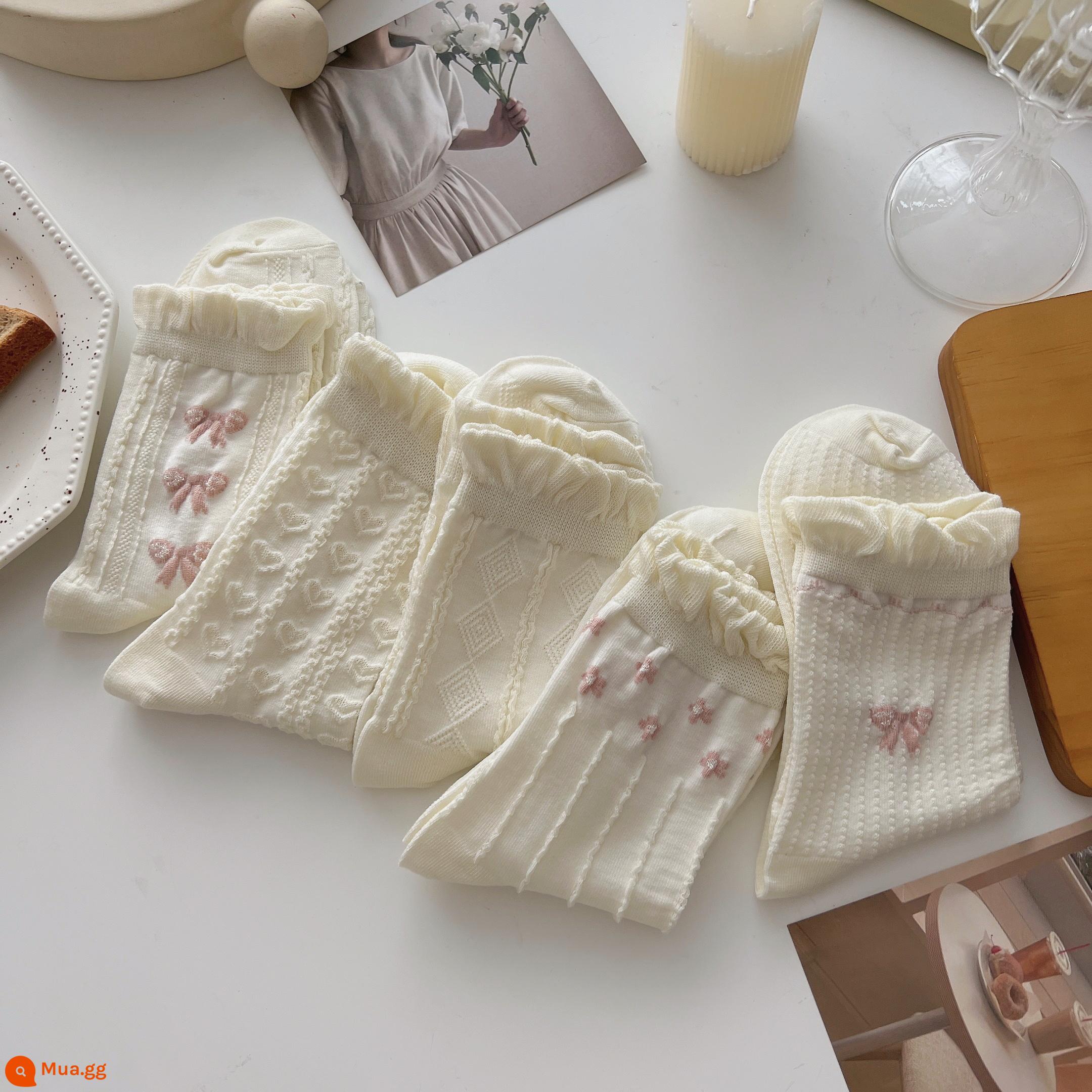 Tất ren trắng đến giữa bắp chân nữ vớ cotton nguyên chất xu hướng xuân thu phong cách Nhật Bản dễ thương jk mặc ngoài vớ sinh viên mùa hè - Nhóm A