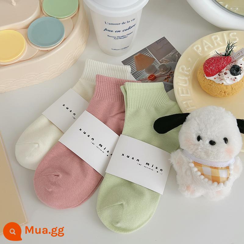 Vớ ống ngắn màu trơn mùa hè dành cho nữ cotton nguyên chất phần mỏng Sinh viên Nhật Bản thể thao màu vớ ngắn thể thao mùa xuân và mùa thu vớ ống giữa - Kem-hồng-xanh macaron nữ tính