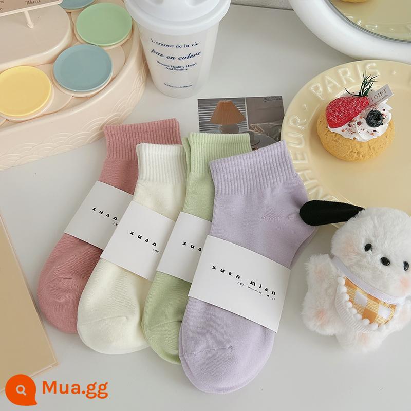 Vớ ống ngắn màu trơn mùa hè dành cho nữ cotton nguyên chất phần mỏng Sinh viên Nhật Bản thể thao màu vớ ngắn thể thao mùa xuân và mùa thu vớ ống giữa - Nữ tính hồng-kem-macaron xanh-tử đinh hương