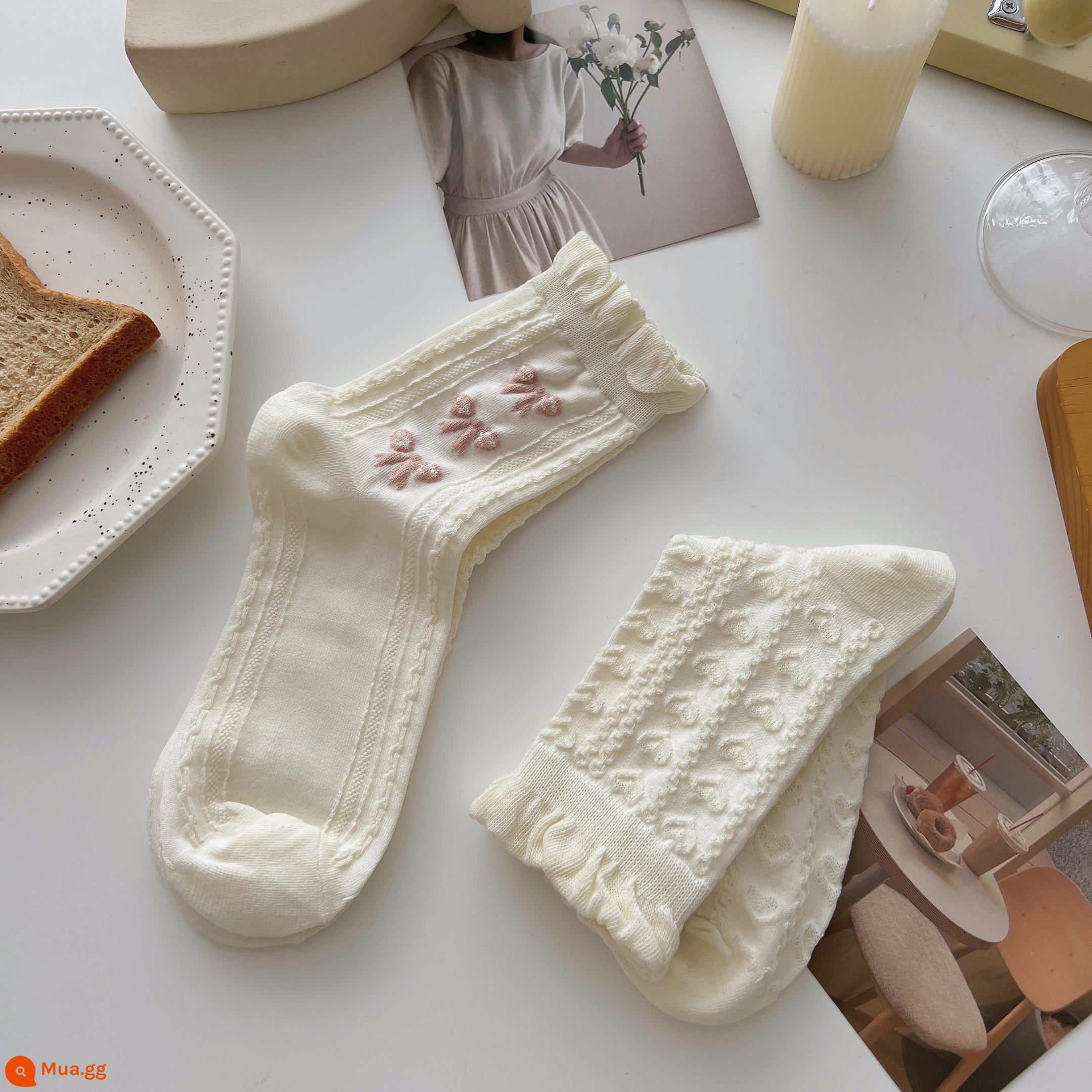 Tất ren trắng đến giữa bắp chân nữ vớ cotton nguyên chất xu hướng xuân thu phong cách Nhật Bản dễ thương jk mặc ngoài vớ sinh viên mùa hè - Nhóm I