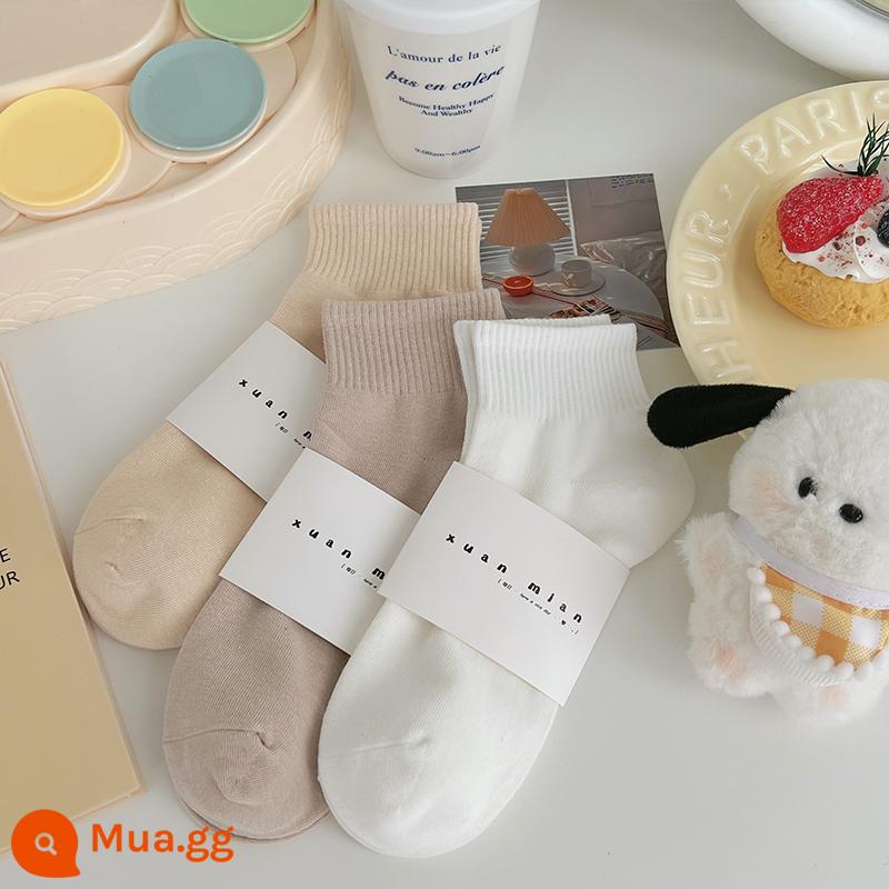 Vớ ống ngắn màu trơn mùa hè dành cho nữ cotton nguyên chất phần mỏng Sinh viên Nhật Bản thể thao màu vớ ngắn thể thao mùa xuân và mùa thu vớ ống giữa - Trà sữa-kem-cơm trắng