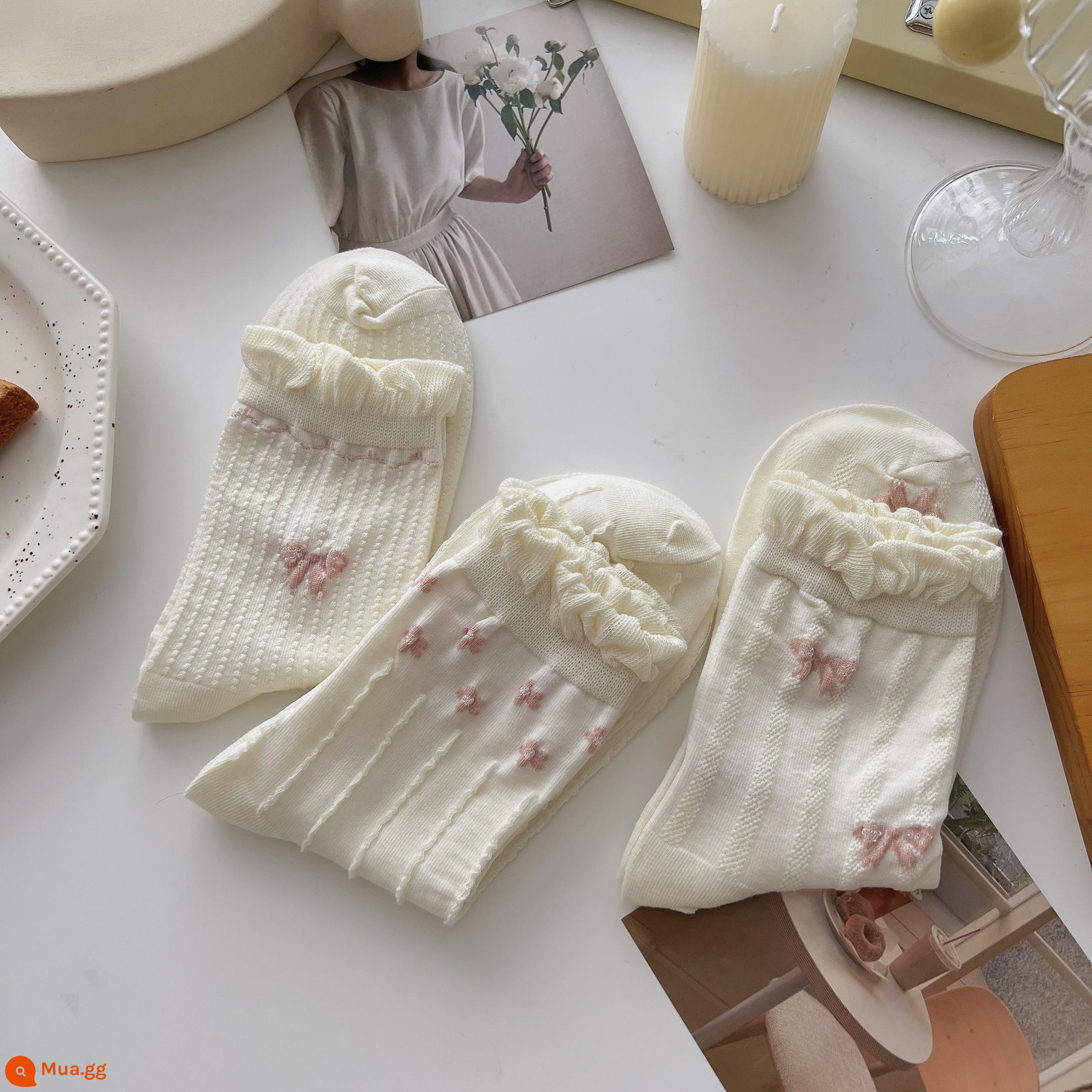 Tất ren trắng đến giữa bắp chân nữ vớ cotton nguyên chất xu hướng xuân thu phong cách Nhật Bản dễ thương jk mặc ngoài vớ sinh viên mùa hè - Nhóm G