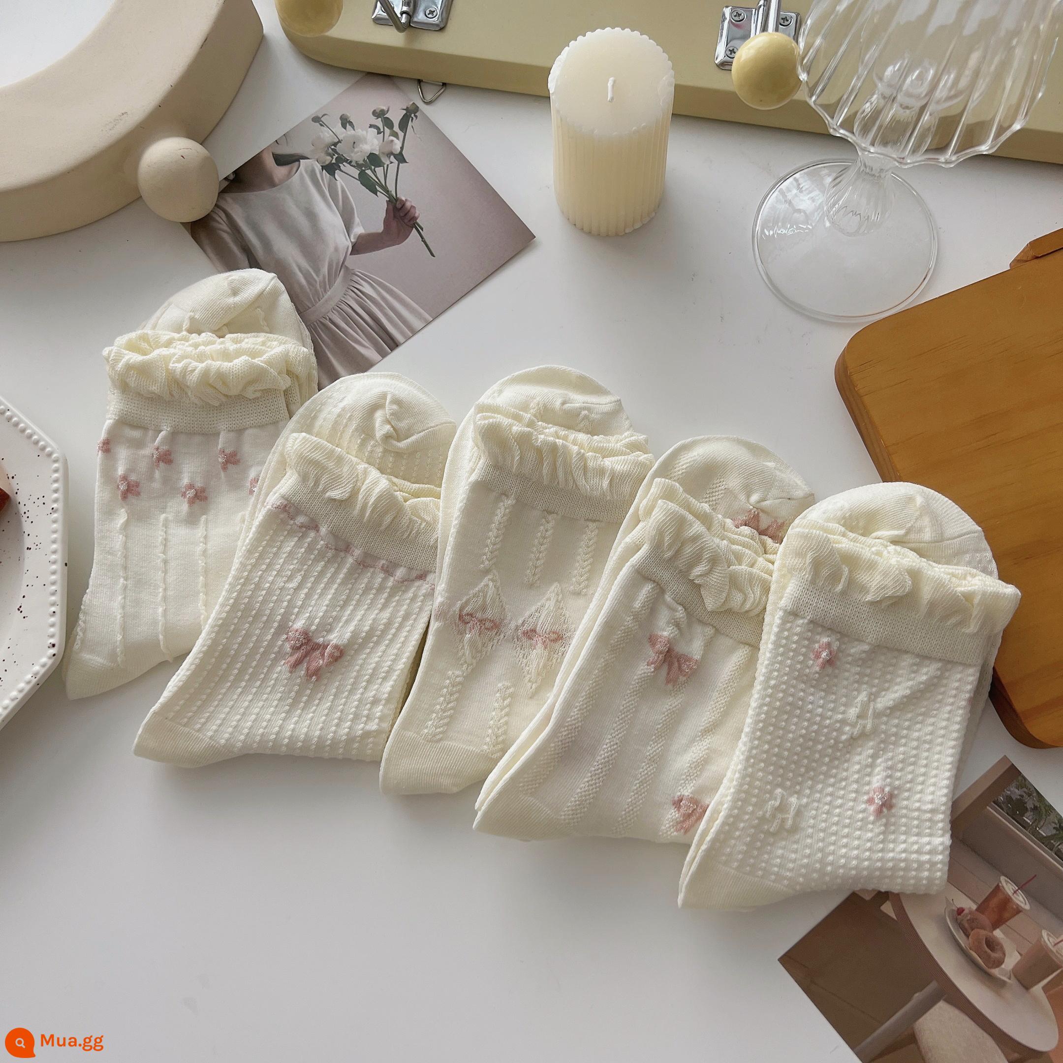 Tất ren trắng đến giữa bắp chân nữ vớ cotton nguyên chất xu hướng xuân thu phong cách Nhật Bản dễ thương jk mặc ngoài vớ sinh viên mùa hè - Nhóm C