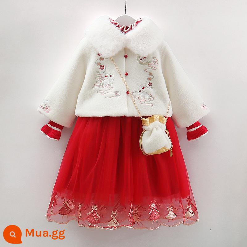 Hanfu trẻ em Quần áo mùa đông Cổ dày Trường nước ngoài Màu đỏ đêm giao thừa Đầm bé gái Tang Phù hợp với Váy phù hợp với phong cách Trung Hoa - Bộ bốn món thỏ ngọc trắng mxt