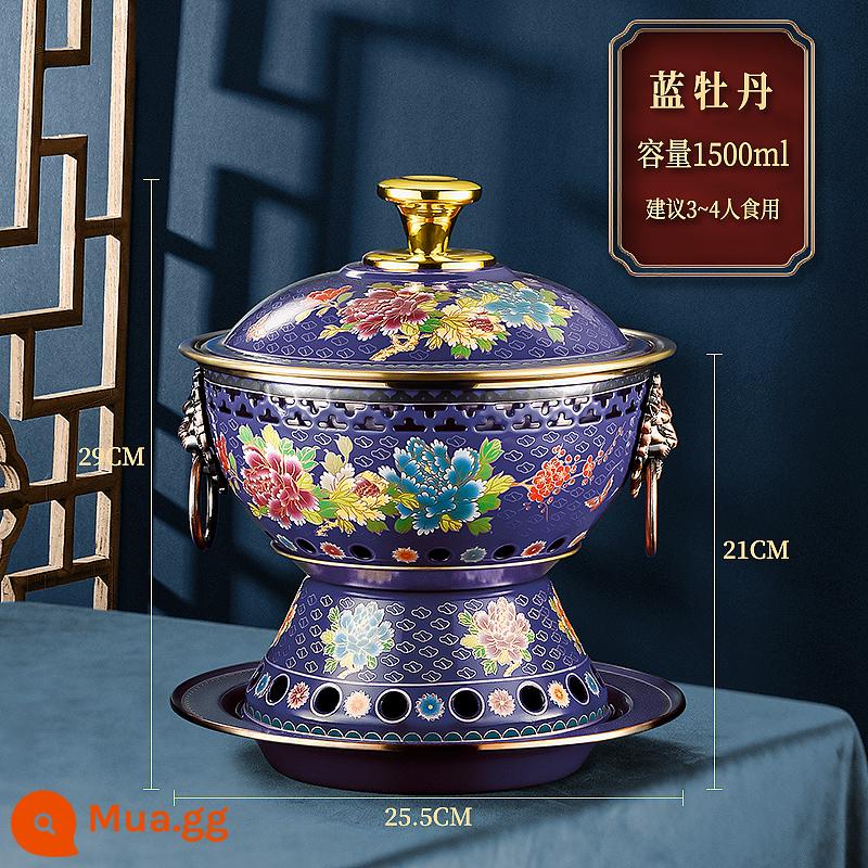 Lẩu đồng Cloisonne cũ Bắc Kinh đồng nguyên chất hộ gia đình thương mại đặc biệt plug-in một người một nồi bếp cồn nồi hơi lửa nhỏ - Lẩu rượu đồng loại cloisonné tháp 25,5cm- [hoa mẫu đơn xanh đậm]