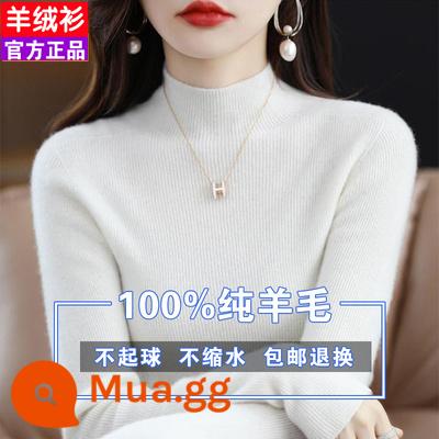 Ordos 100 nguyên chất len áo len nữ mùa thu đông mới nửa áo len cao cổ rời cashmere đồng màu đáy dày - Trắng