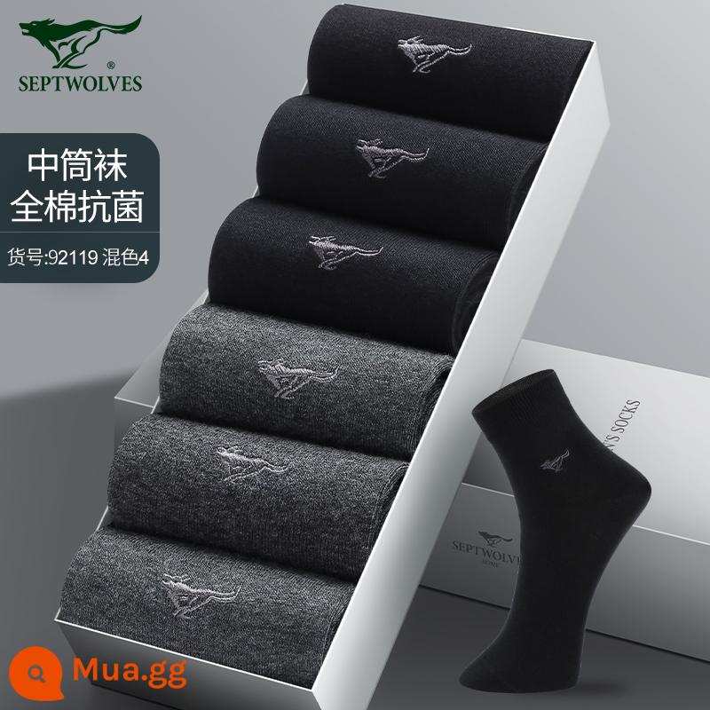 Tất Septwolves nam cotton nguyên chất xuân hè hút mồ hôi khử mùi 100% cotton nam ống giữa tất mùa đông tất nam - [100% cotton kháng khuẩn và khử mùi] xám đậm 3 đen 3