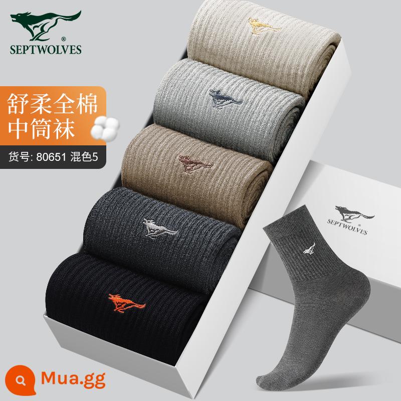 Vớ Septwolves Vớ Nam Cotton Nguyên Chất Ống Giữa Hút Mồ Hôi Khử Mùi Thu Đông Vớ Thể Thao Cotton Ống Cao - Chất liệu dày giữa ống cotton nguyên chất: đen + xám đậm + cà phê đậm + xám nhạt + màu da