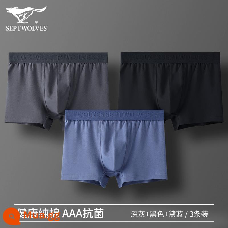 Septwolves Quần Lót Nam Cotton Boxer Quần Short Bé Trai Size Lớn Kháng Khuẩn Thoáng Khí Quần Short Bé Trai Đầu Boxer - Hộp quà 3 món cotton cotton kháng khuẩn AAA (xám đậm + đen + xanh)