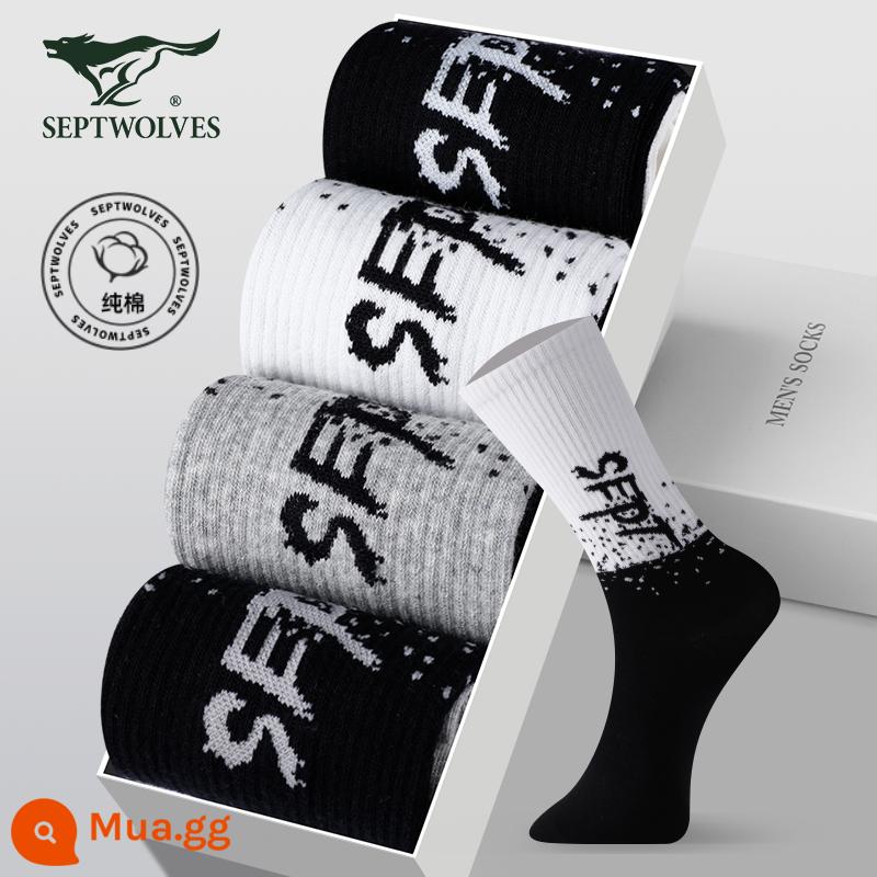 Tất Septwolves nam cotton nguyên chất xuân hè hút mồ hôi khử mùi 100% cotton nam ống giữa tất mùa đông tất nam - [Ống cao thể thao 100% cotton] xám đậm + xám nhạt + đen + trắng