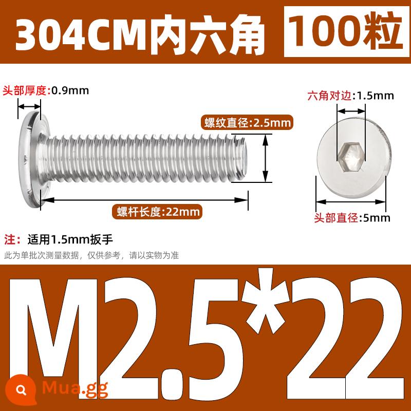 Thép không gỉ 304 CM đầu phẳng lớn đầu siêu mỏng đầu phẳng bên trong bu lông vít lục giác M2M3M4M5M6M8 - M2.5*22 (100 miếng)