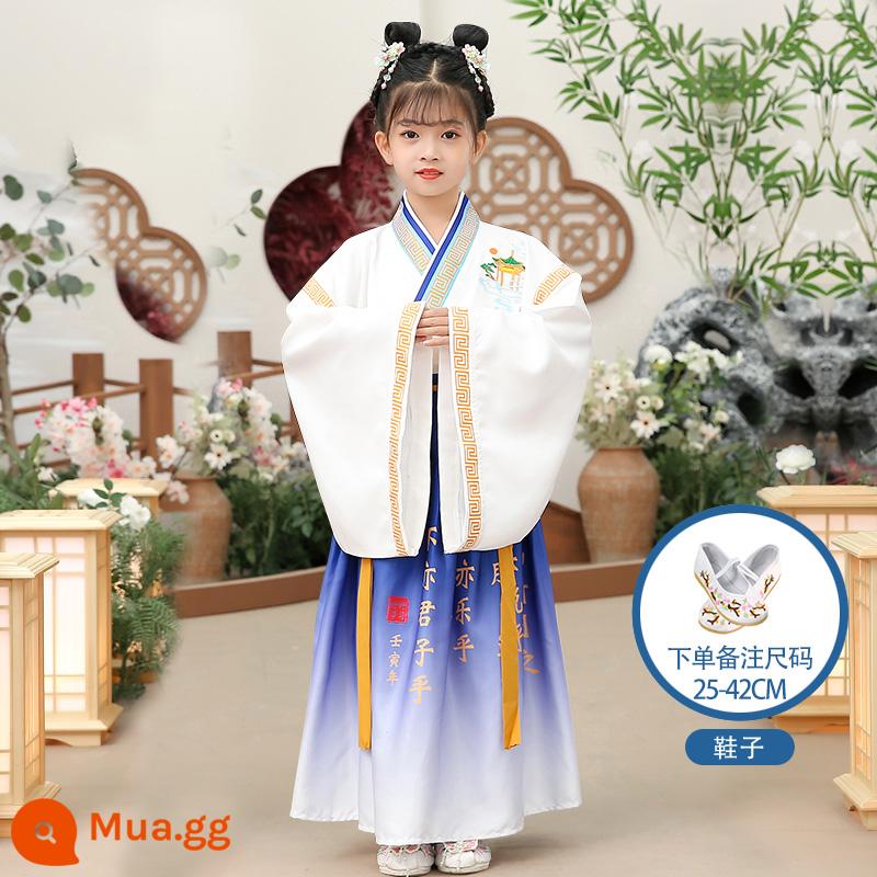 Hanfu trẻ em Sách phong cách Trung Quốc dành cho nam sinh Trường Quốc gia Quần áo trẻ em Trường tiểu học Trang phục cổ dài tay Trang phục nữ Sáu một - Giày nữ tay rộng Shengyi + giày thêu màu trắng