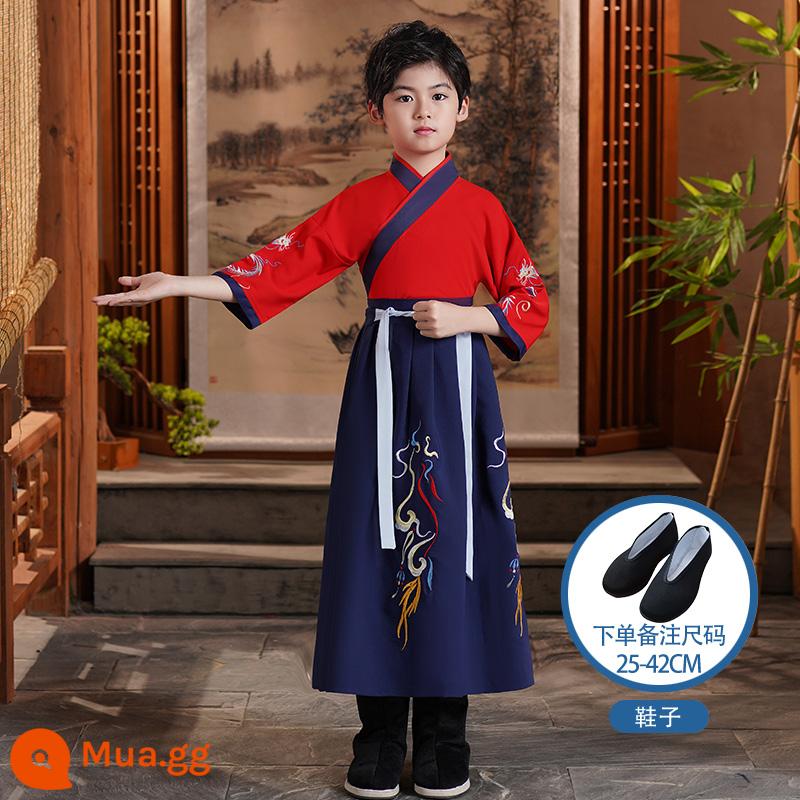 Hanfu trẻ em Sách phong cách Trung Quốc dành cho nam sinh Trường Quốc gia Quần áo trẻ em Trường tiểu học Trang phục cổ dài tay Trang phục nữ Sáu một - Giày nam ngắn tay màu xanh đậm màu đỏ cát tốt lành + giày vải màu đen (vui lòng lưu ý kích thước)